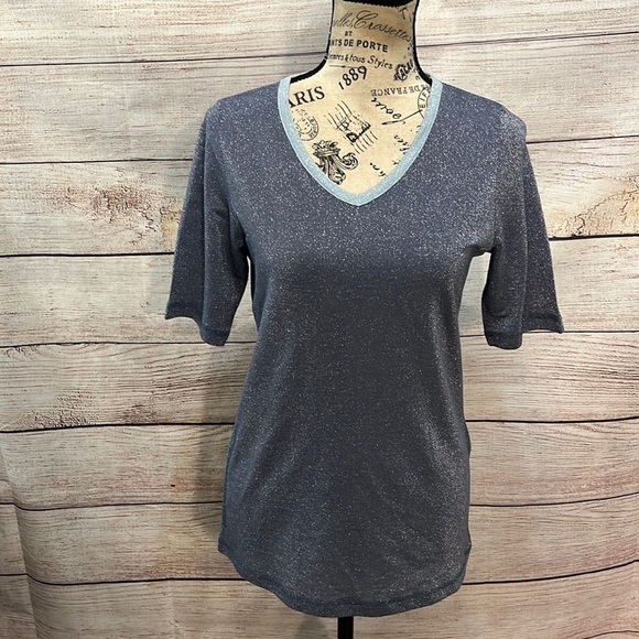 Le Comte Metallic Tee Shirt Top NWT Blue Size 36 Small Short Sleeve - Picture 1 of 12